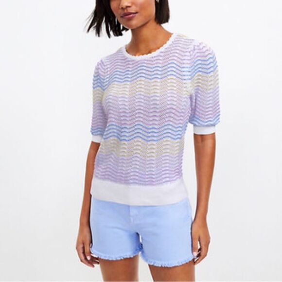 LOFT Striped Pointelle Puff Sleeve Sweater Tee knit Women Pastel Wave Sweater M - Picture 2 of 8